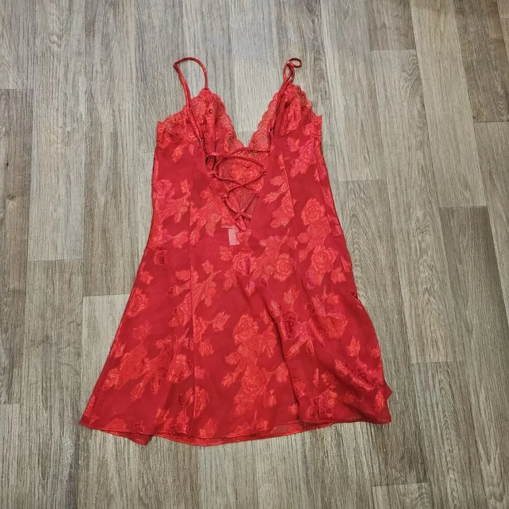 Vtg Fredrick's of Hollywood Red Floral Lace Slip Dress Womens M Lingerie 90s